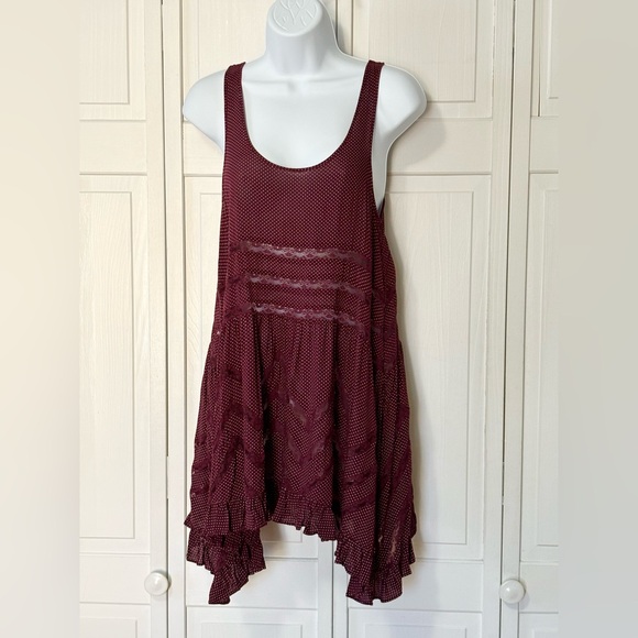 Free People Intimately Voile Trapeze Lace Ruffle Slip Dress in burgundy - Picture 4 of 7